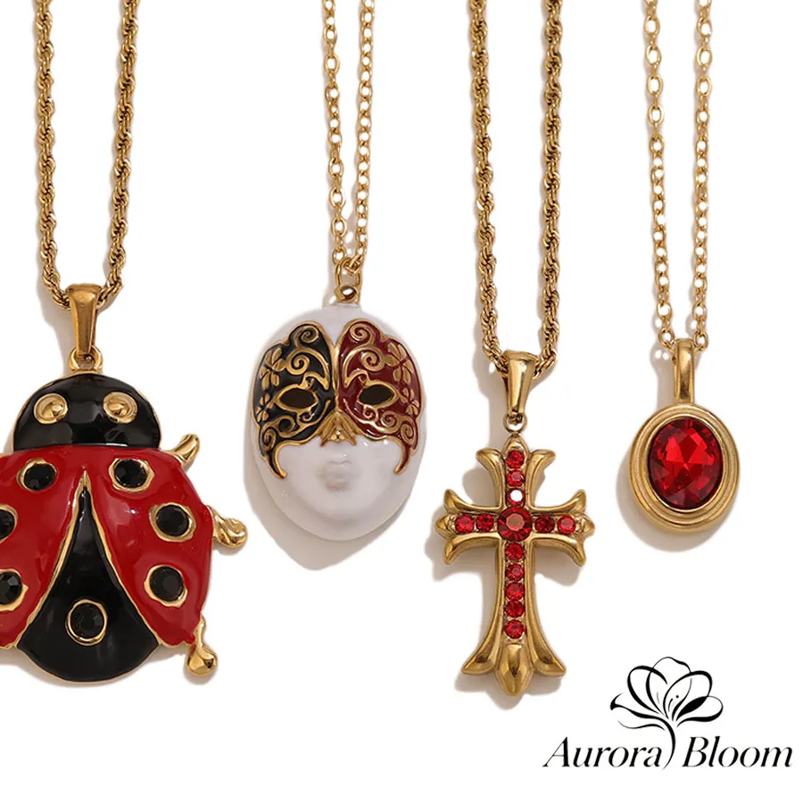 Authentic 1pcs Vintage Red Enamel Ladybug Mask Red Crystal Oval Pendant Necklaces PVD Gold Stainless Steel Waterproof Women Fashion Jewelr