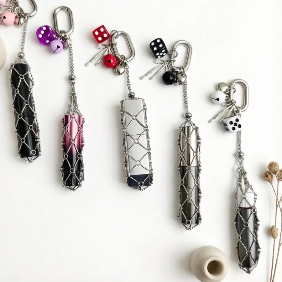 Authentic Cute Colorful Dice Bell Charms Key Ring Metal Wire Lipstick Sleeve Portable Lip Gloss Holder Y2K Aesthetic Handbag for Teen Gift