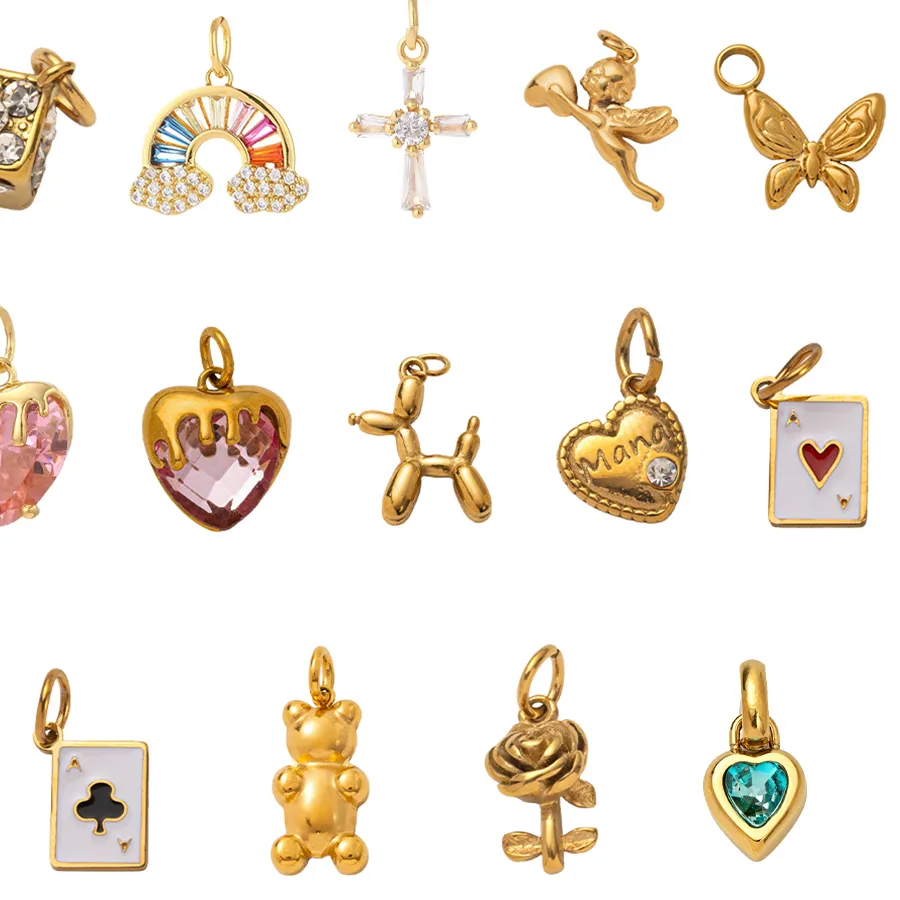 Authentic INS Lucky Rainbow Heart Pendant For Women Gold Color Bear Shiny Dice Cross Charm DIY Making  Bracelet Necklace Gift Accessories