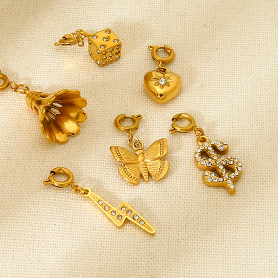 Authentic 18k Gold Plated Stainless Steel Rhinestone Pendant Badminton Dice Dollar Charm Spring Clasp DIY Jewelry Making Craft Supplies