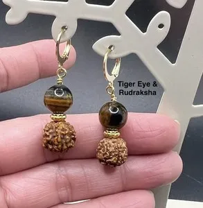 Authentic Sacred Earth Echoes: Rudraksha and Tiger Eye Talisman Earrings