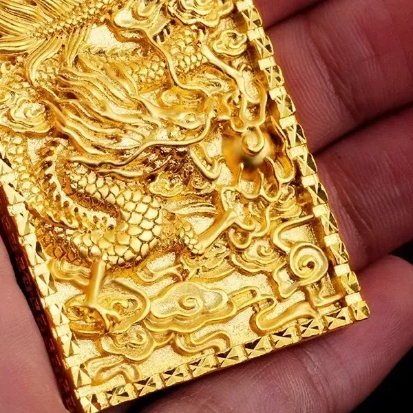 Authentic Pure Orginal 18 k Gold Color Rectangle Dragon Pendant for Men Classic Pendant Without Necklaces Wedding Birthday Jewelry Gifts