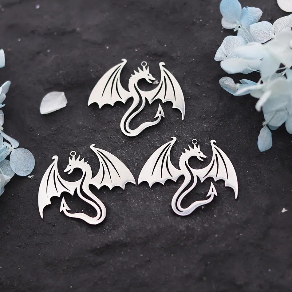 Authentic 3Pcs Punk Style Hollow Wing Dragon Gold-plated 18K Patterns, Jewelry Charms Set for Bracelet, Necklace