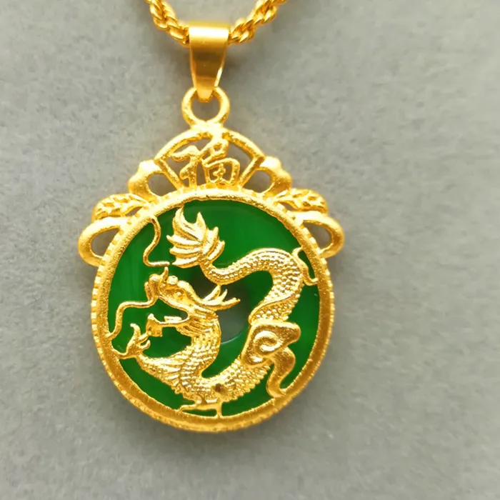 Authentic ‘1PC Chinese Wind Green Stone Dragon Gold Color Pendant For Men Women Animal Lover Lucky Dragon Amulet Necklace Accessories Gift