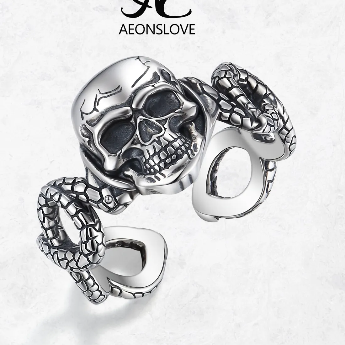 Authentic AEONSLOVE 925 Sterling Silver Adjustable Skull Ring Vintage Open Snake Ring Gothic Pagan Jewelry Personalized Gifts for