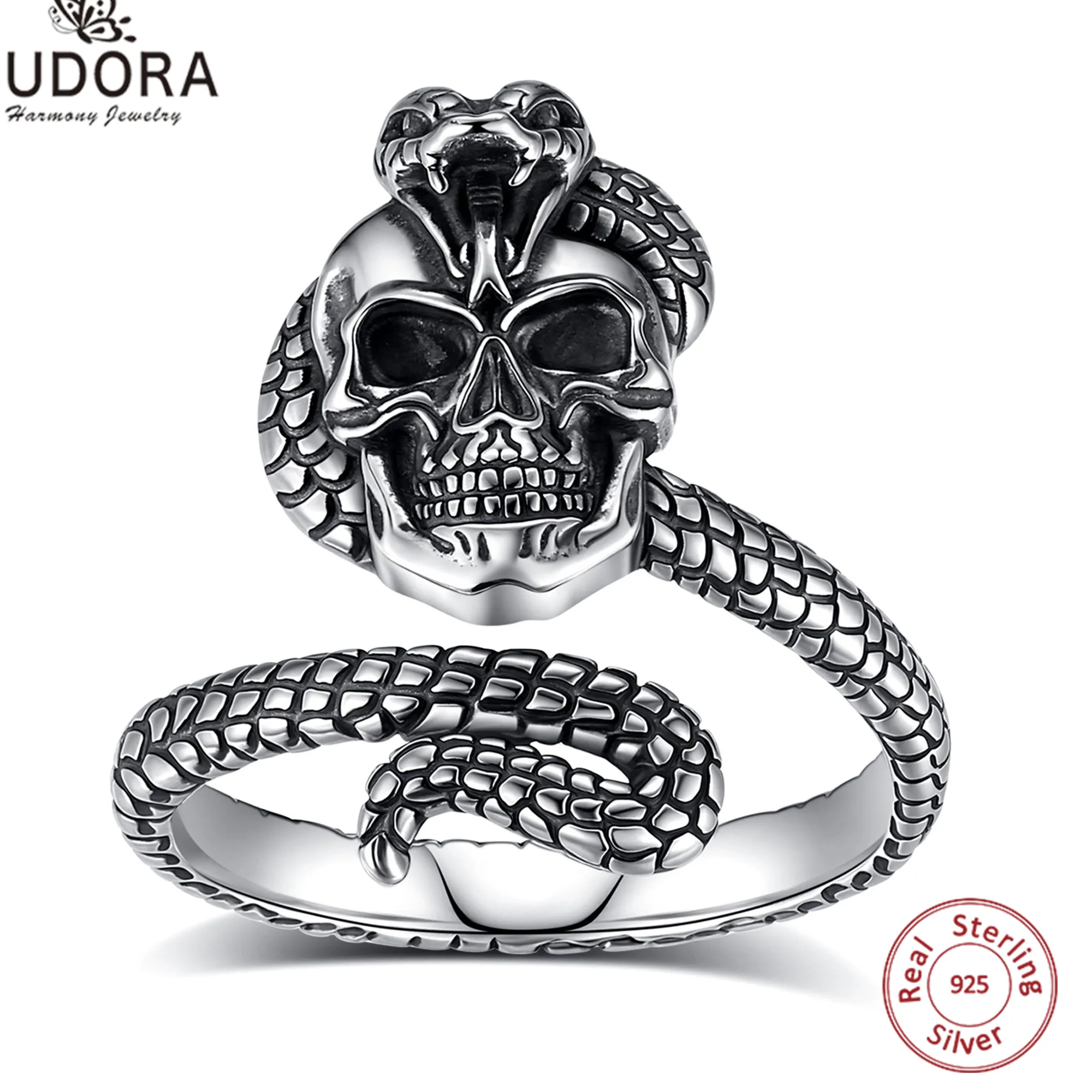 Authentic Eudora 925 Sterling Silver Snake Skull Adjustable Ring Gothic Cobra Ring Pagan Jewelry Personality for Men Women