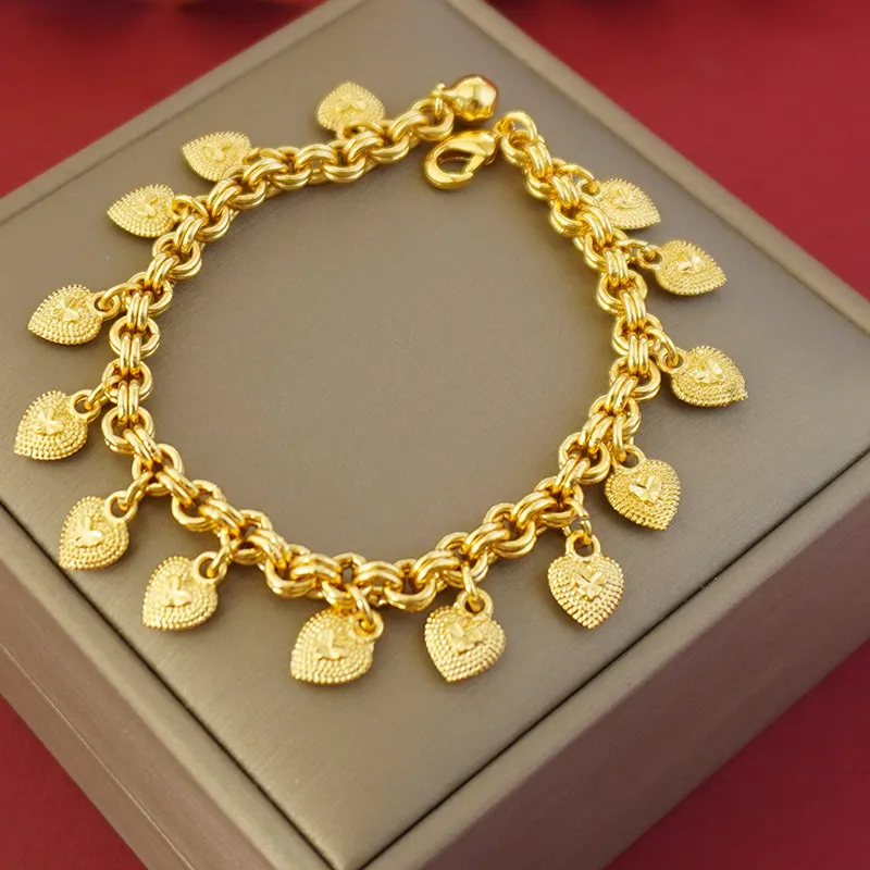 Authentic 24k Gold-Plated Copper Bracelets,Heart Locket Charm Suitable For Women To Wear Wedding Party Gifts On A Daily Basis