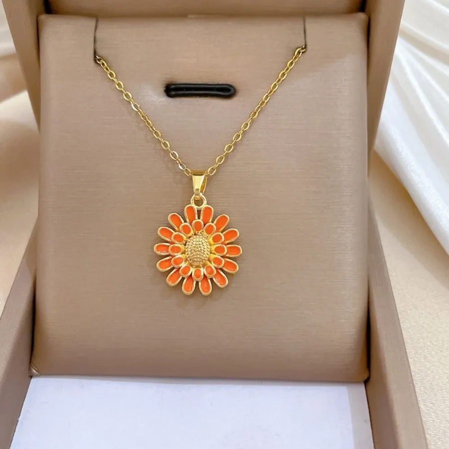 Authentic Radiant Solar Bloom Enamel Sunflower and Orange Daisy Talisman Necklace