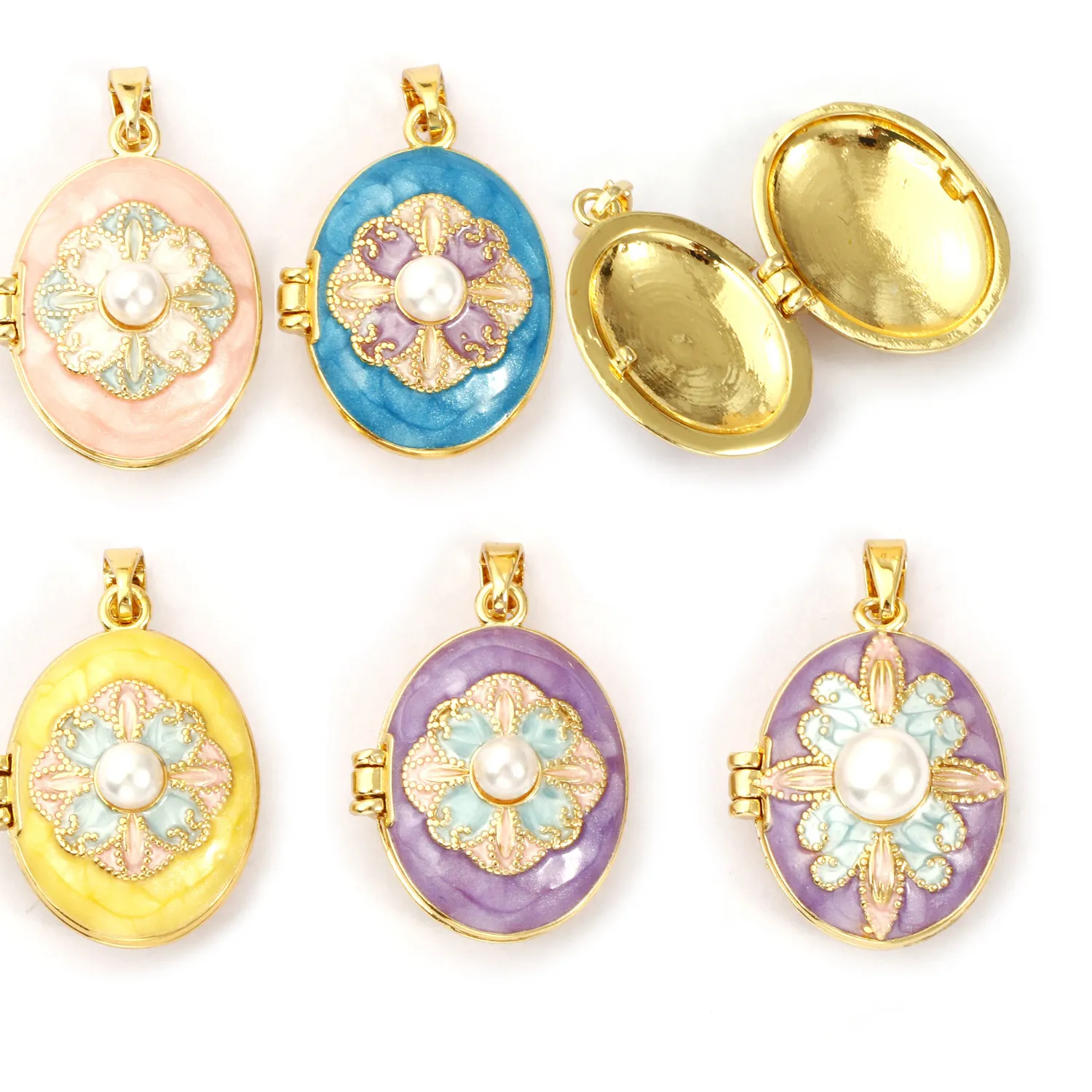 Authentic 1 Piece Brass & Acrylic Picture Photo Locket Frame Pendants 18K Gold Plated Enamel Oval Flower Can Open Charms For DIY Neckalce