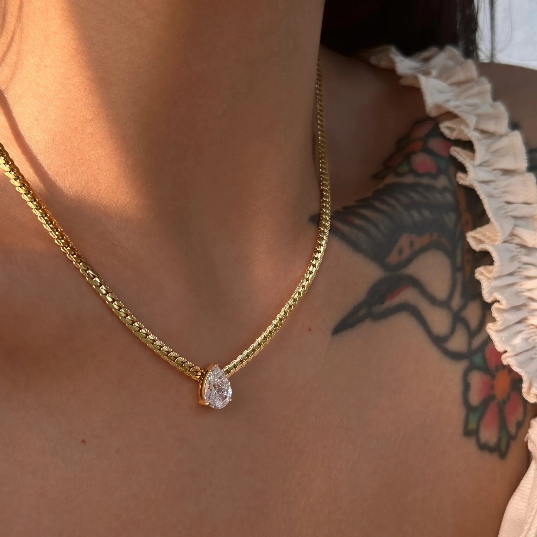 Authentic Elegant Teardrop CZ Pendant Herringbone Chain Necklace Gold Plated Stainless Steel Tarnish Resistant for Women Office & Casual W