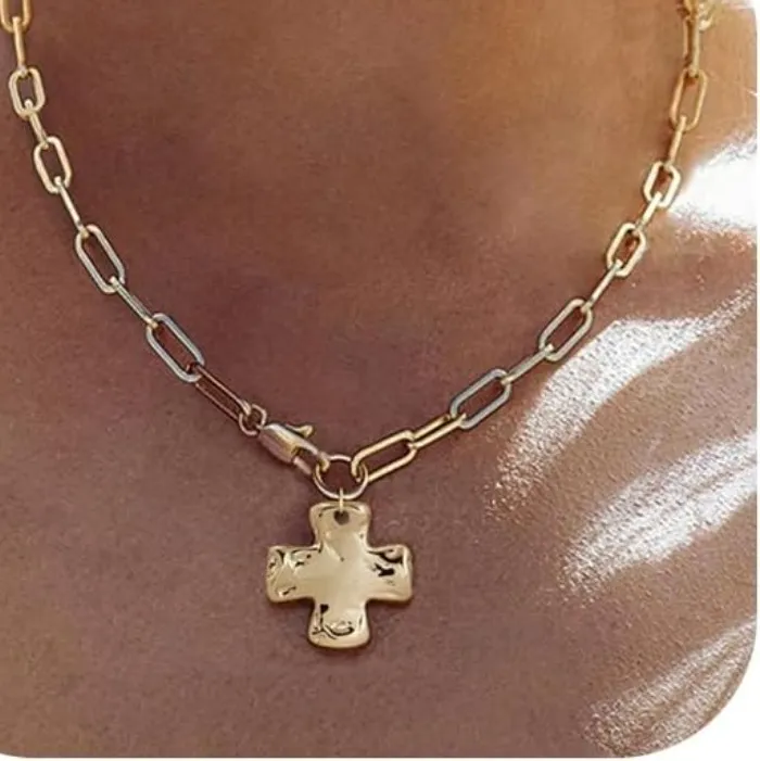Authentic Cross Necklace for Women Waterproof 14K Gold Plated Stainless Steel Layered Cross Pendant Paperclip Herringbone Snake Necklaces