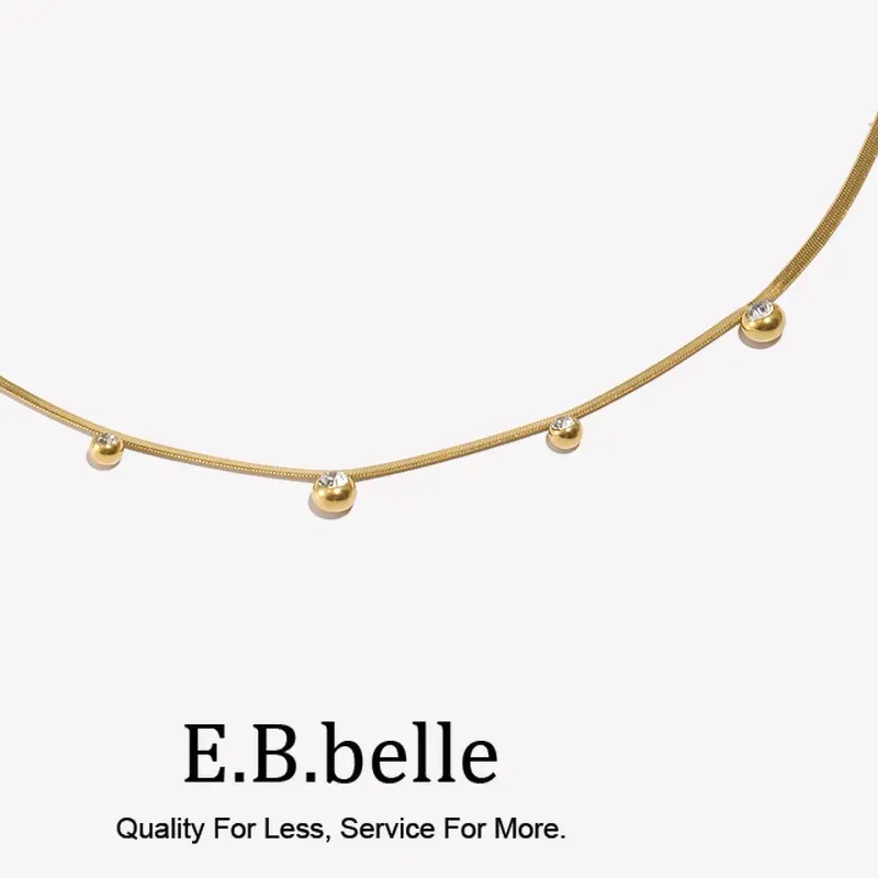 Authentic E.B.belle 18k Gold Plated Small CZ Charm Choker Herringbone Chain Crystal Beads Pendant Necklace Dainty Jewelry for Women 16''