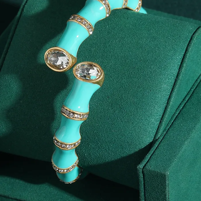 Authentic Vintage Blue Green Enamel Snake Bone Opening Bangles Handmade Charm Bamboo Bracelet Crystal Gold Color Antique Jewelry for Women