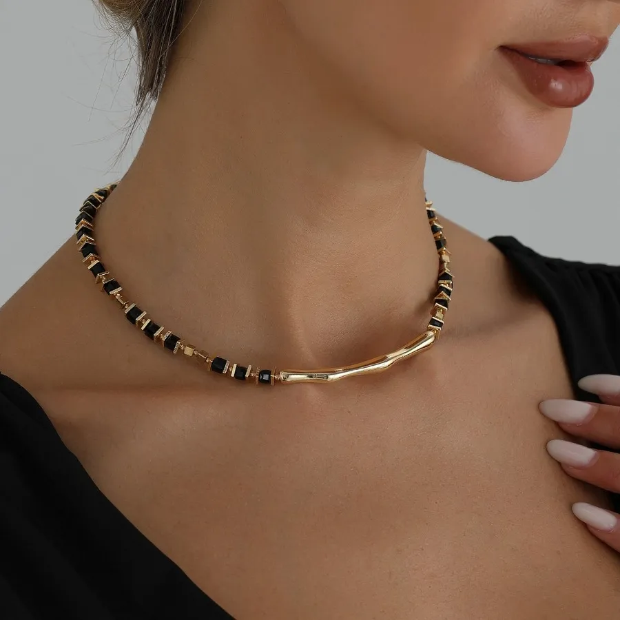 Authentic Luxury Black Gold Color Square Bead Irregular Wavy Bamboo Bar Collar Choker Necklace for Women Evening Party Statement Jewelry