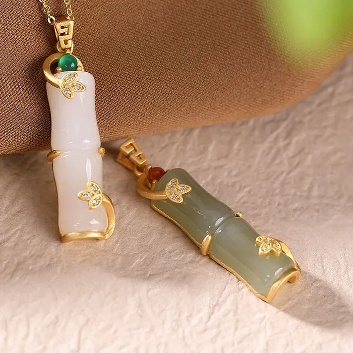 Authentic Verdant Resilience Bamboo and Gold Hetian Jade Talisman - Prosperity and Purity Amulet