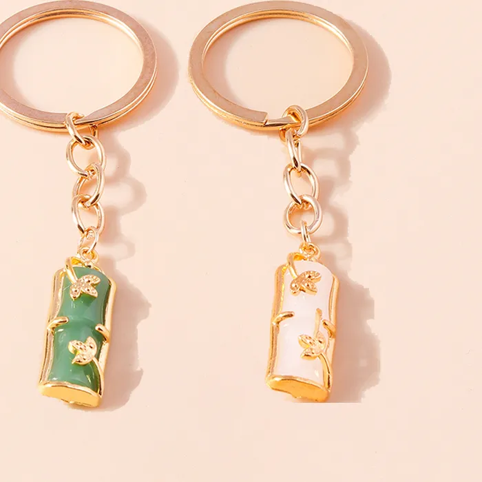 Authentic Elegant Gemstone Jade Bamboo Keychain Charms Enamel Lucky Cat Keyrings for Women Men Handbag Pendants DIY Jewelry Accessories