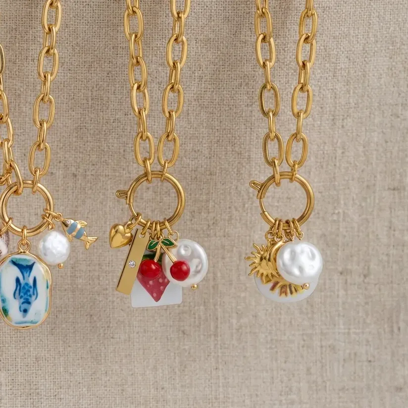 Authentic 18K Gold Plated Charm Necklace for Women Chunky Chain Pearl Fruit Ocean Pendant Trendy Cute Summer Jewelry