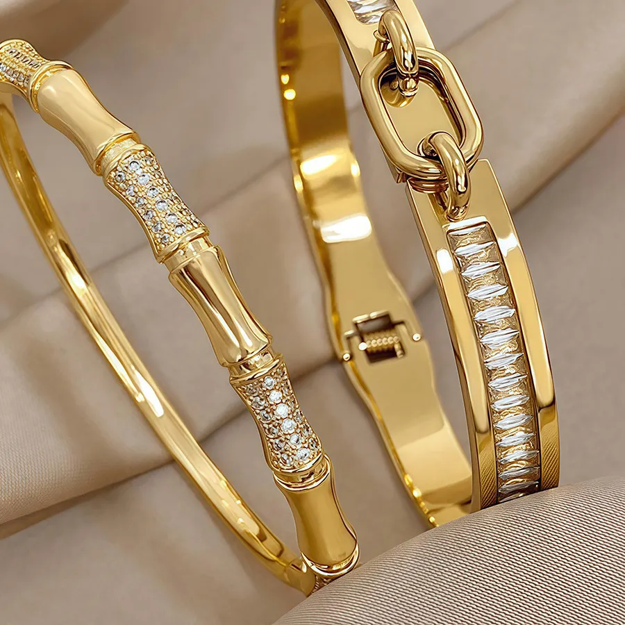 Authentic Women's Trendy PVD Gold Plated Charm Bracelet with Zircon Bamboo Pattern for Party Occasions
