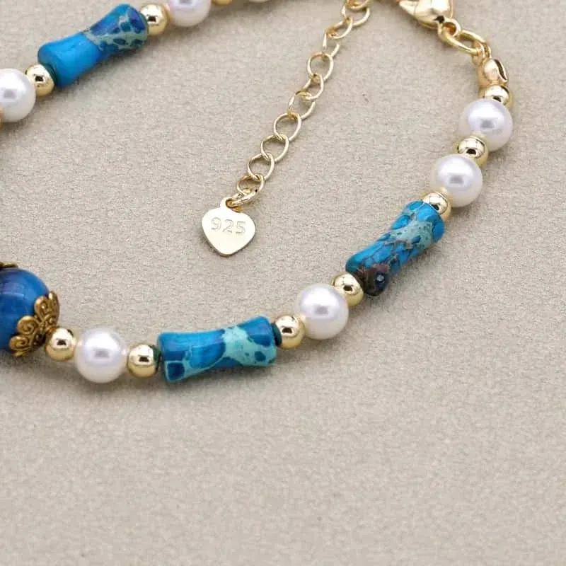 Authentic Handmade Gold Plated Natural Stone Bamboo Joint Shell Pearl Beaded Charm Bracelet Bangle Women Jewelry Accessories