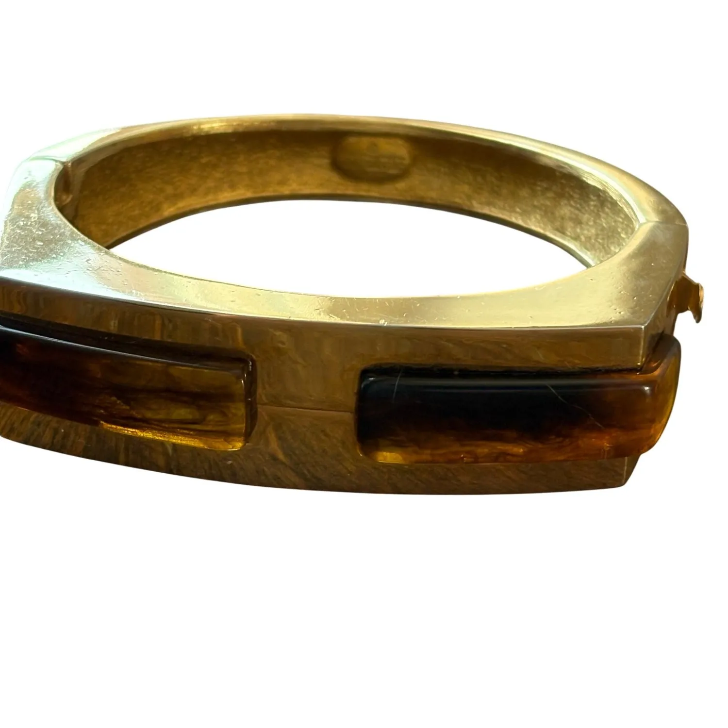 Authentic Chronicle of the Gilded Shell - 1977 Vintage Tortoise Lucite and Gold Hinged Talismanic Bangle