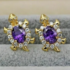 Authentic 4Ct Oval Simulated Purple Amethyst Tortoise Stud Earrings 14k Yellow Gold Plated
