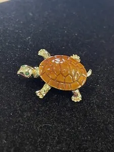 Authentic Tortoise LARGE GOLD PLATED BROWN ORANGE ENAMEL TURTLE BROOCH 1.5” Vintage