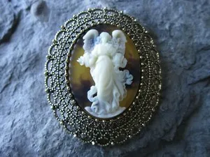 Authentic Guardian Angel Wings of Protection - 2-in-1 Tortoise Shell Cameo Gold Plated Brooch/Pin/Pendant