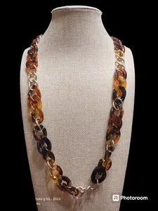 Authentic Premier Designs Margot Tortoise Shell With Gold Plated Links Chain Long Necklace