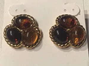 Authentic Vintage Signed MONET Button Earrings 22K Gold plated Tortoise Amber Dark Honey