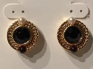Authentic Vintage Signed MONET Jewelry Earrings 22k Gold Plated Tortoise Black Pearls