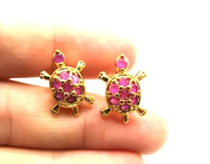 Authentic Vintage Tiny Turtle Tortoise Stud Earrings 18K Gold Plated Ruby Gemstones