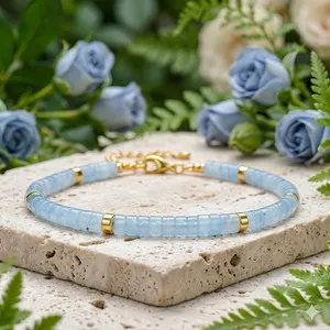 Authentic Natural Aquamarine Heishi Bead Bracelet Gold Plated Adjustable Throat Chakra