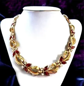 Authentic Enchanted 1955 Crown Trifari Princess Gold‑Plated Amulet with Crimson Rhinestone