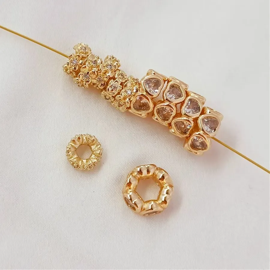 Authentic 14K Gold-encrusted Zircon with Large Holes Small Flowers Heart Beads Spacers Pieces DIY Bracelet and Necklace Accessory Material
