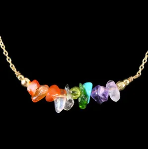 Authentic 14K GOLD PLATED Sterling Silver 7-CHAKRA GEMSTONE PENDANT BAR Chain Necklace 18"