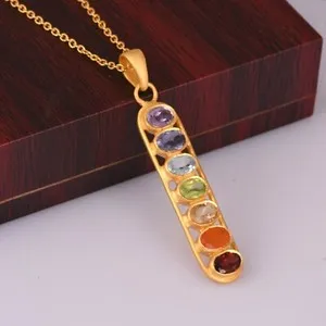 Authentic 18k Gold Plated Seven Chakra Pendant 925 Silver 7 Gemstone Pendant Jewelry