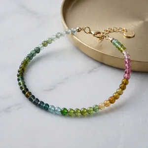 Authentic 2mm Rainbow Tourmaline Faceted Bracelet Adjustable Gold Plated Chakra Healing
