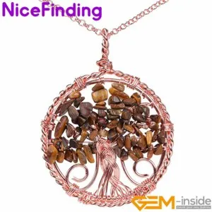 Authentic Assorted Stones Chips Tree of Life Chakra Rose Gold Plated Beaded Necklace 15.5'