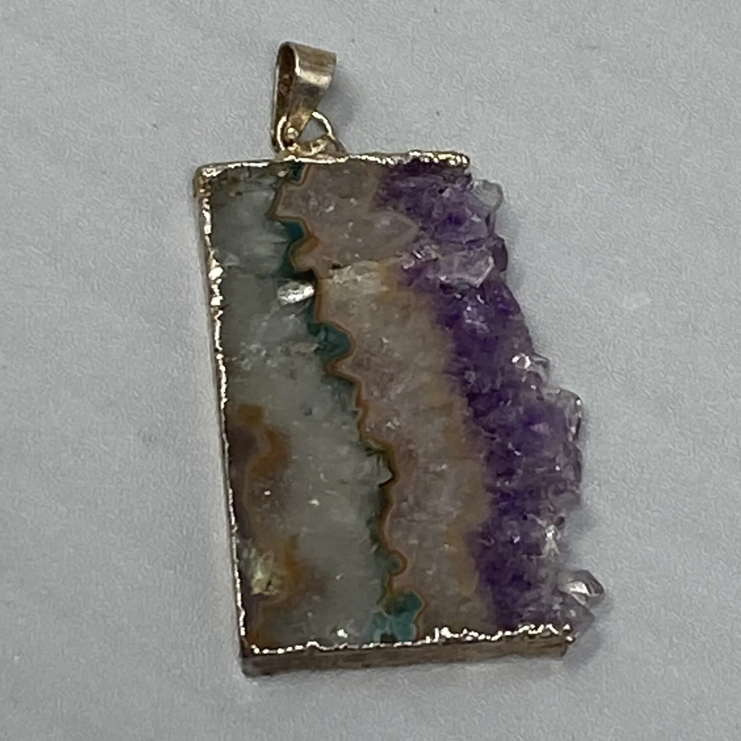 Authentic Raw Stone Pendant Amethyst Purple Peach White Druzy Gold Plated Edge Chakra 2"