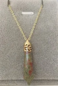 Authentic Gold Plated Unakite Crystal Healing Point Chakra Stone Pendant Set