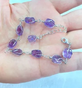 Authentic Natural Purple Amethyst Rough Gemstone white Gold Plated Chakra Bangle WomenGift