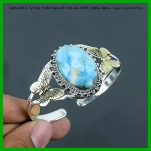 Authentic Throat Chakra Larimar Stone Butterfly 18K Gold Plated Unique Bangle 925 Silver