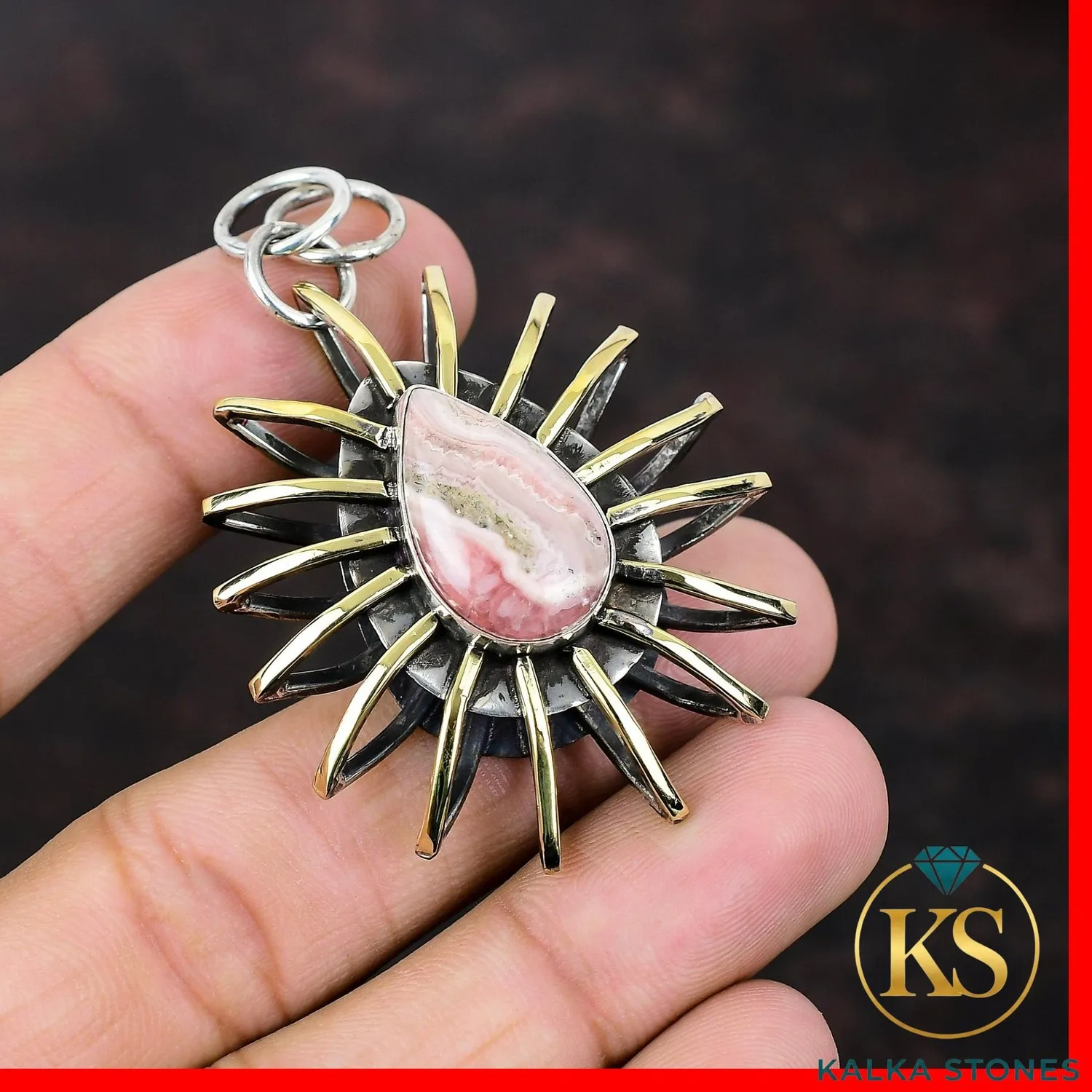 Authentic 18K Gold Plated Silver Rhodochrosite Gemstone Cage Heart Chakra Wedding Pendant