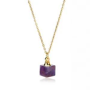 Authentic 1Pcs Amethyst Cube Pendant Necklace – Gold Plated Chain Chakra Healing Jewelry