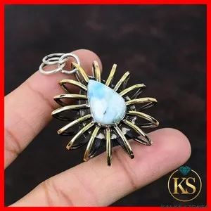 Authentic Throat Chakra Larimar Gemstone 18K Gold Plated Silver Engagement Cage Pendant