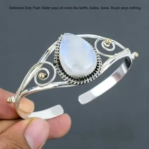 Authentic Rainbow Moonstone Gemstone Sterling Silver 18K Gold Plated Crown Chakra Bangle