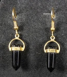 Authentic Sterling Silver Gold Plated Black Onyx Pointed Chakra Pierced Earrings 3/4"