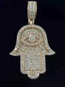 Authentic Radiant Hamsa Hand Moissanite Talisman in 14k Yellow Gold Plated