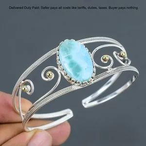 Authentic 925 Silver Throat Chakra Larimar Gemstone Sister 18K Gold Plated Unique Bangle