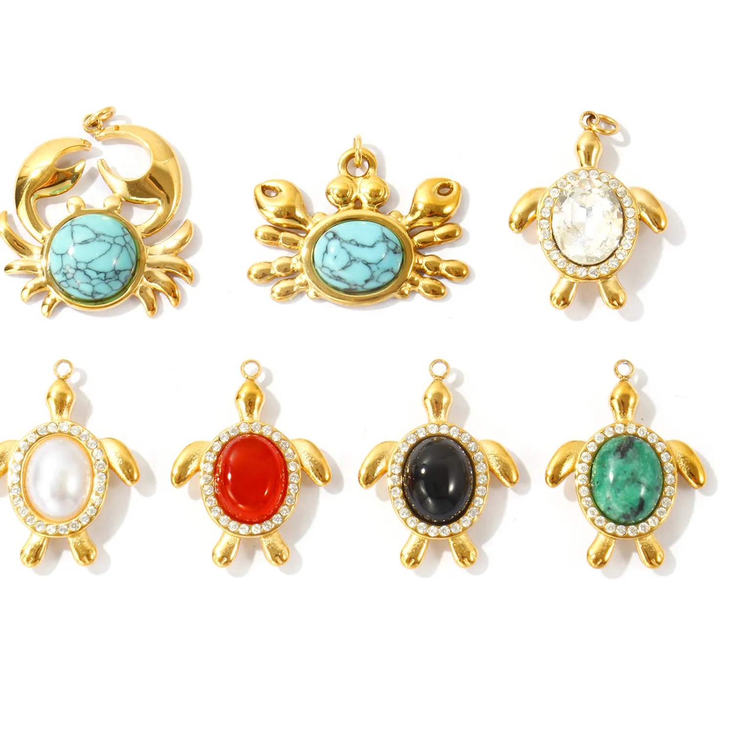 Authentic 1PC Ocean Tortoise Crab Jewelry Charms Multicolor Stone Rhinestone 304 Stainless Steel 18K Gold Plated Pendant For DIY Necklace